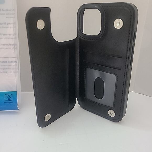 iPhone 15 Bundle Black Wallet Magnet Clasp Card Holder Stand + Screen Protectors - Picture 4 of 7